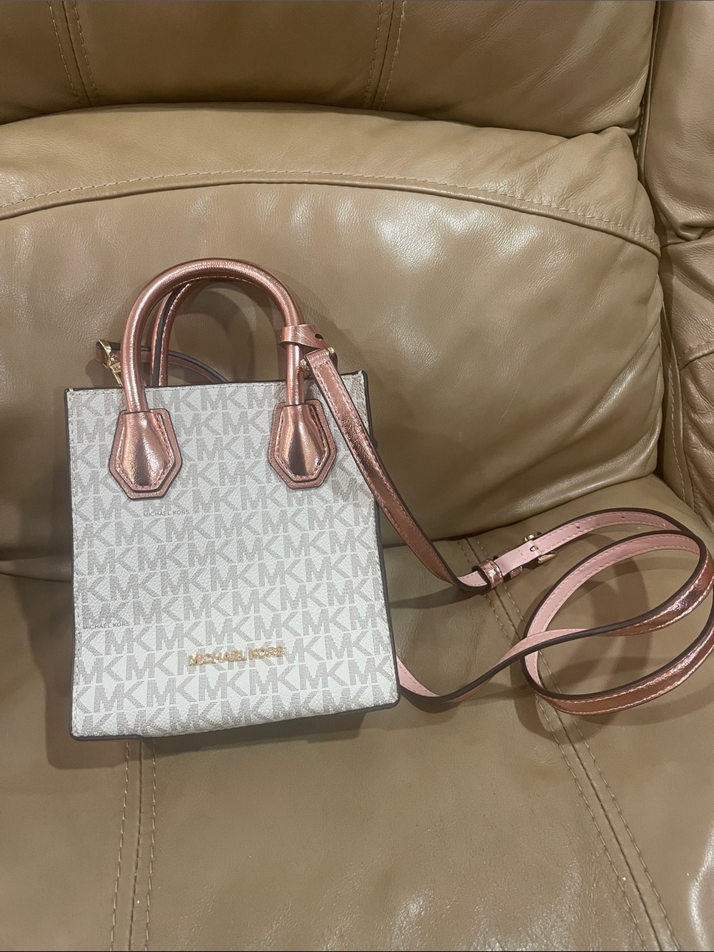 Michael Kors White MK Logo Mini Tote with Rose Gold Trim